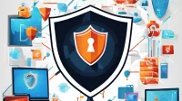 Digital fortress illustration with antivirus shield protecting computer against visualized malware threat icons