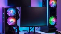 Modern gaming PC setup featuring RGB lighting, dual monitors, and custom water cooling in a minimalist desk environment