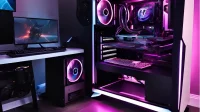 Custom built gaming PC with RGB lighting showing professional cable management