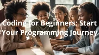 Coding for Beginners: Diverse group of young women learning coding together on a laptop, smiling and engaged