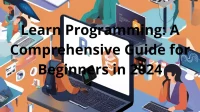 Beginner learning programming with laptop showing code, surrounded by logos of popular programming languages