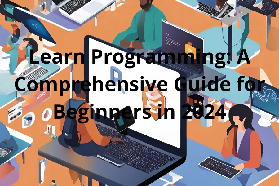 Beginner learning programming with laptop showing code, surrounded by logos of popular programming languages