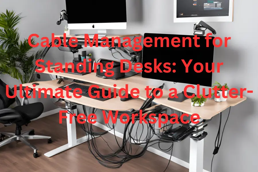 Professional cable management setup for standing desk with organized cables and modern workspace